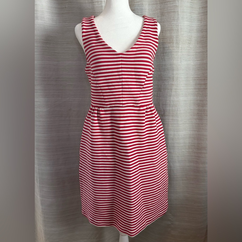 Boden Red & White Striped Midi Dress, Pockets V neck Tank Cotton Summer Sz 10